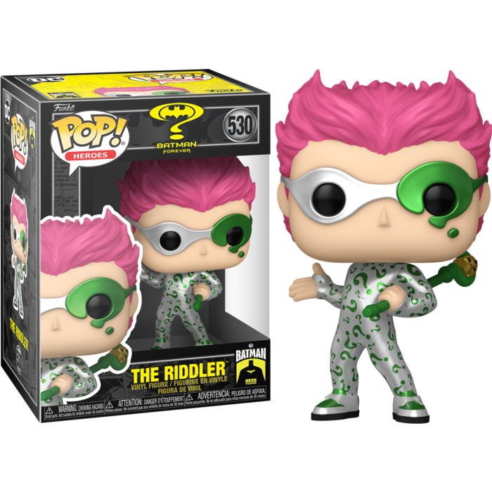 Figura Funko Pop de The Riddler con cabello rosa, máscara blanca, interrogación verde y bastón.