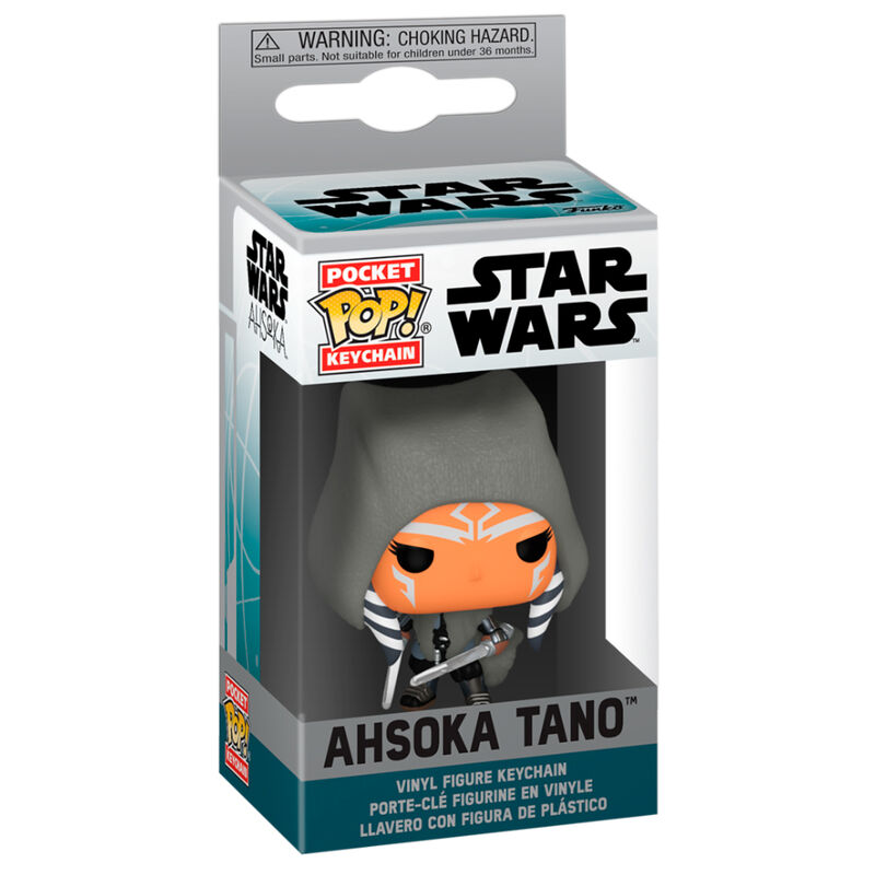 Star Wars Ahsoka Tano Pocket Pop! Schlüsselanhänger in Originalverpackung mit Warnhinweis.