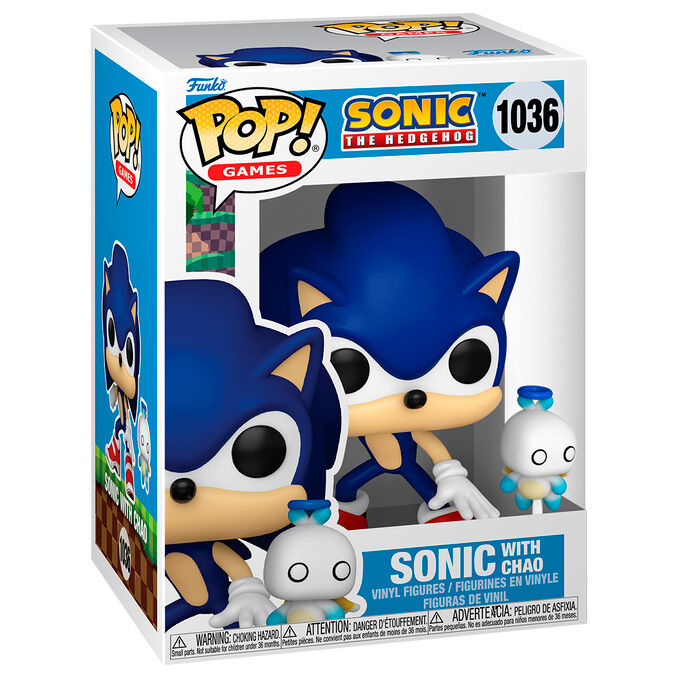 Caja Funko Pop con una figura de vinilo de Sonic the Hedgehog y un pequeño Chao blanco.