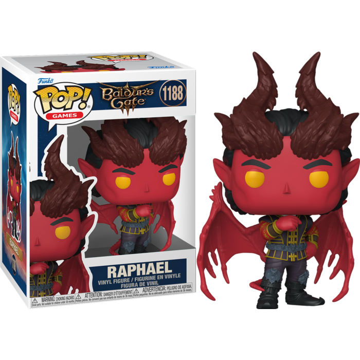 Eine rotäugige Raphael Funko Pop Figur aus Baldur's Gate mit Hörnern, Flügeln und Verpackung.