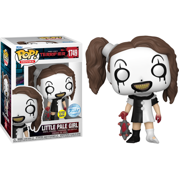 Figura Funko Pop de Little Pale Girl de Terrifier y su caja temática sobre fondo negro.
