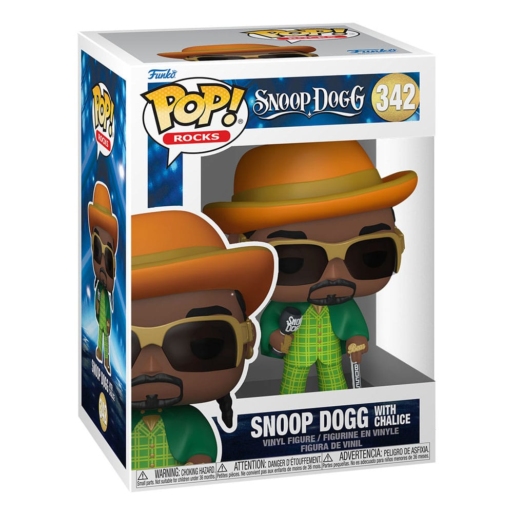 Snoop Dogg Funko Pop Figur in Verpackung mit grünem Anzug, orangefarbenem Hut und Sonnenbrille.