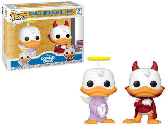 Funko Pop 2er-Pack mit Donald Duck als Engel und Teufel neben ihrer Verpackung.