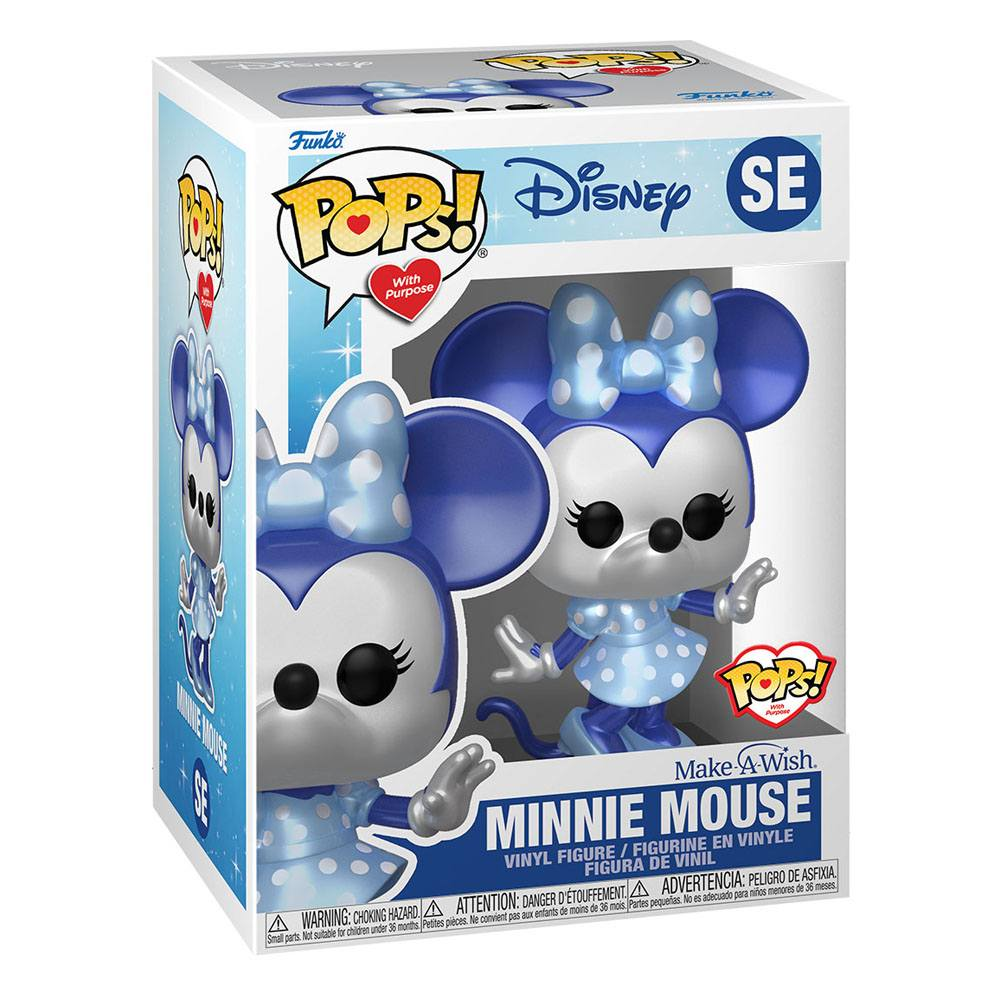 Funko Pop Disney Minnie Mouse Make-A-Wish statuetta in vinile in scatola blu e bianca.