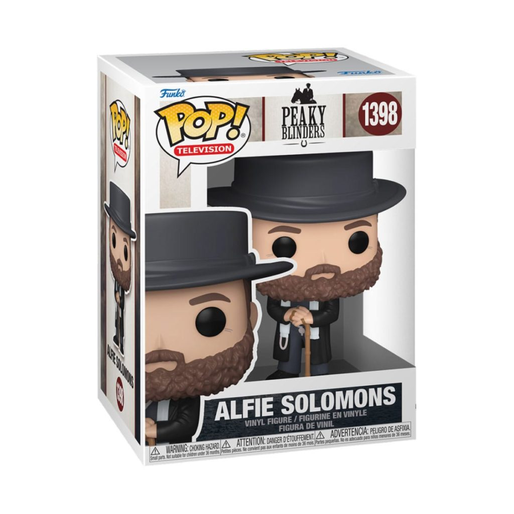 Figura Funko Pop de Alfie Solomons de Peaky Blinders en caja con sombrero oscuro, barba y bastón.