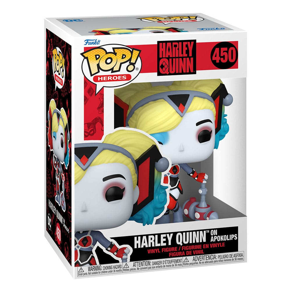 Figura Funko Pop de Harley Quinn en Apokolips en caja, con traje rojo y negro y martillo.
