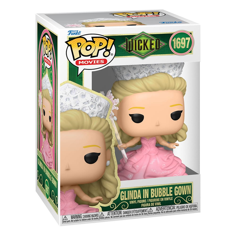 Figurka Funko Pop przedstawiająca Glindę w bąbelkowej sukni z Wicked w pudełku.