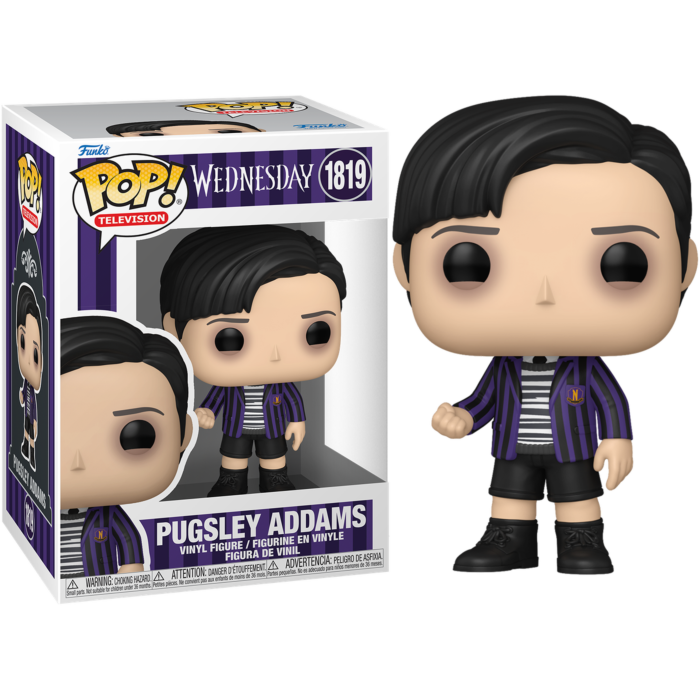 Figura Funko Pop de Pugsley Addams con su caja, vistiendo uniforme escolar.