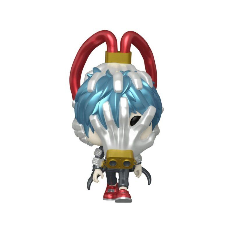 Eine Spielfigur mit blauen Haaren und einer silbernen Maske im Gesicht vor weißem Hintergrund.