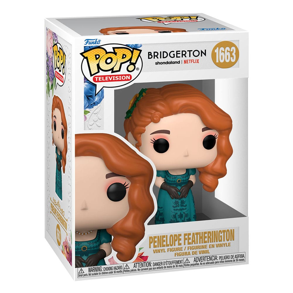 Una figura Funko Pop de Penelope Featherington de Bridgerton en su caja cerrada con motivos florales.