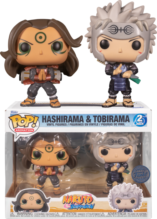 Zwei Naruto Shippuden Funko Pop Figuren von Hashirama und Tobirama im und vor der Verpackung.