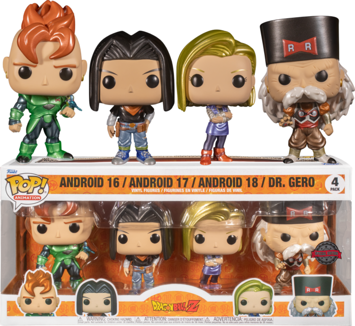 Paquete de 4 Funko Pop de Dragon Ball Z con Androide 16, 17, 18 y Dr. Gero en caja y figuras afuera.