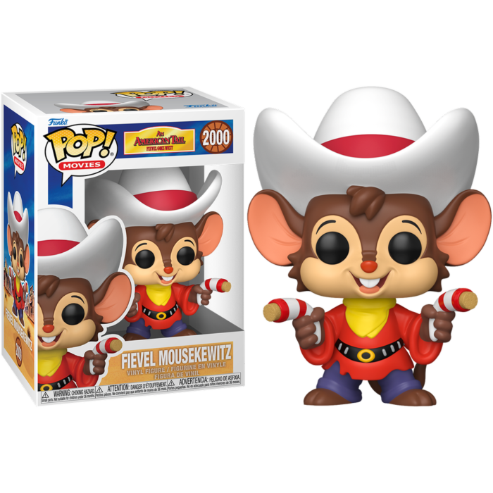 Una figura Funko Pop de Fievel Mousekewitz con sombrero de vaquero y bastones de caramelo, junto a su caja.