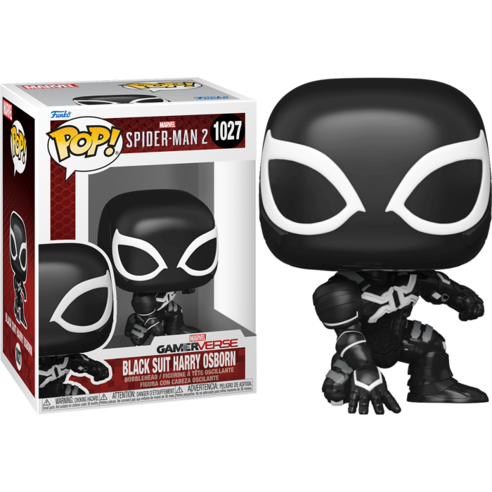 Figura Funko Pop de Harry Osborn con traje negro y caja.