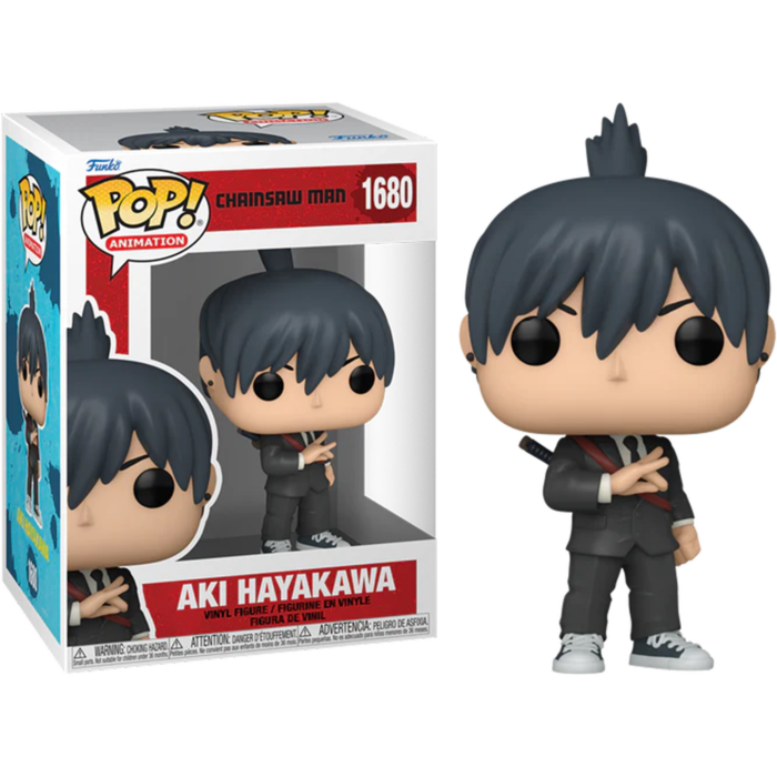 Figura de vinilo Funko Pop de Aki Hayakawa de Chainsaw Man junto a su caja sobre fondo negro.