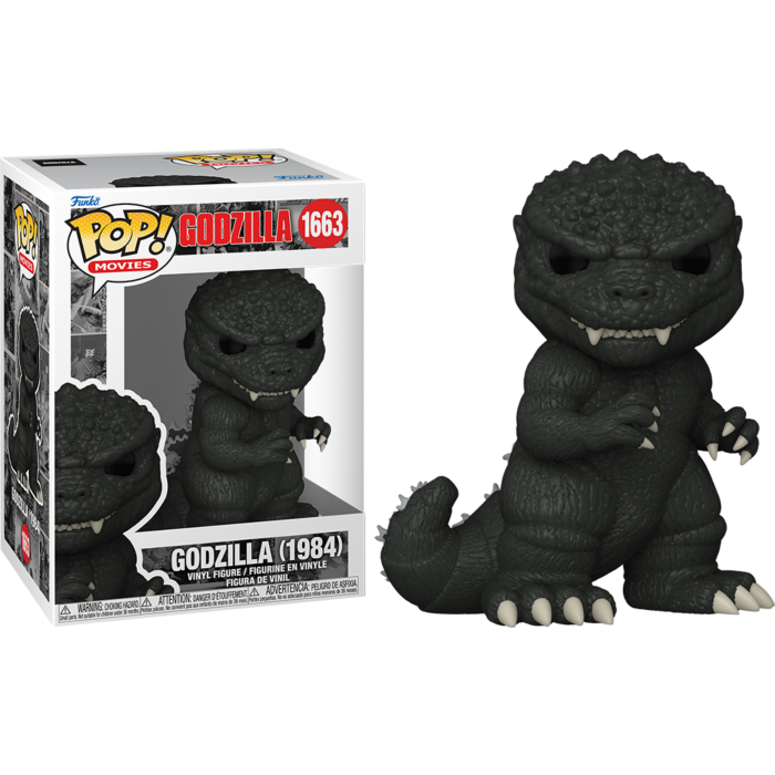 Figura de vinilo Funko Pop Godzilla 1984 y su caja sobre fondo negro.