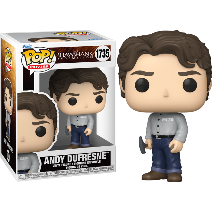 Figura de vinilo Funko Pop de Andy Dufresne con un pequeño martillo, junto a su caja temática.
