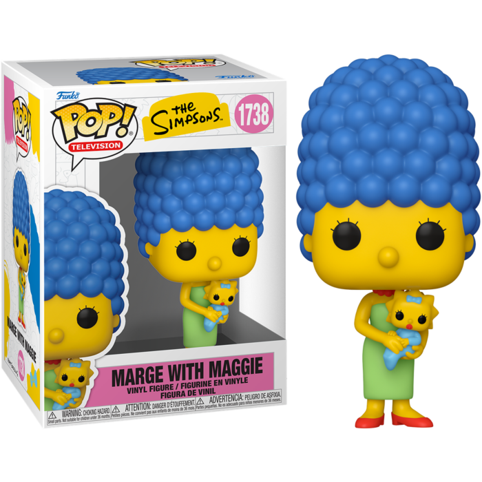 Figura Funko Pop de Marge Simpson sosteniendo a Maggie, junto a su caja de colección.