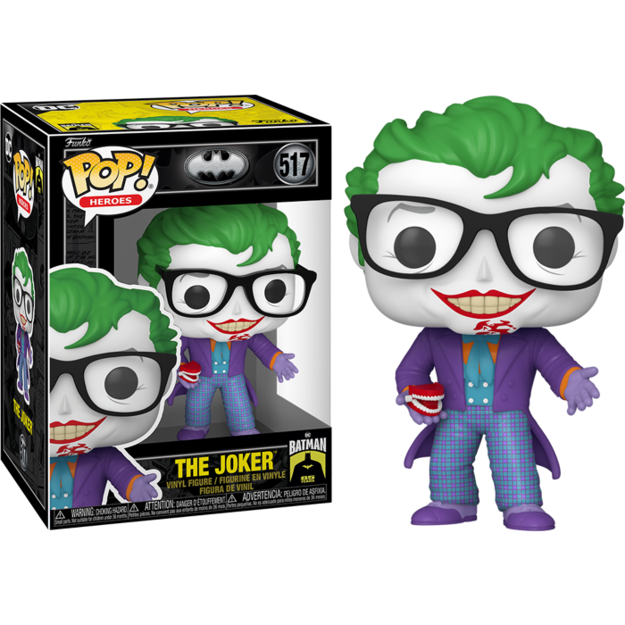 Figurine Funko Pop de The Joker avec des cheveux verts, des lunettes et un pantalon écossais, à côté de sa boîte.