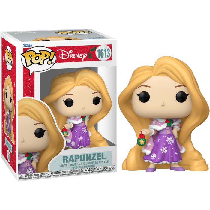 Figura de vinilo Funko Pop de Rapunzel con largo pelo rubio, vestido de invierno y sosteniendo un adorno navideño.