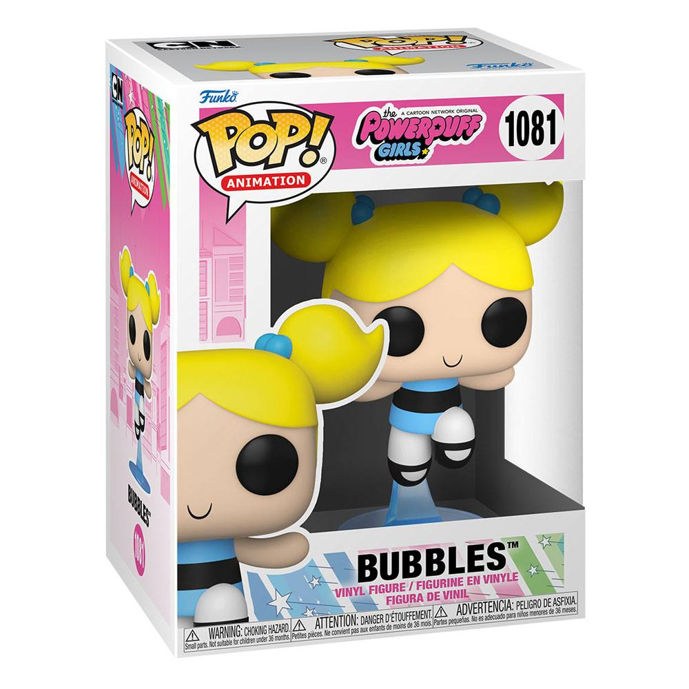 Figura Funko Pop! de Bubbles de Powerpuff Girls dentro de una caja de coleccionista colorida con ventana grande.