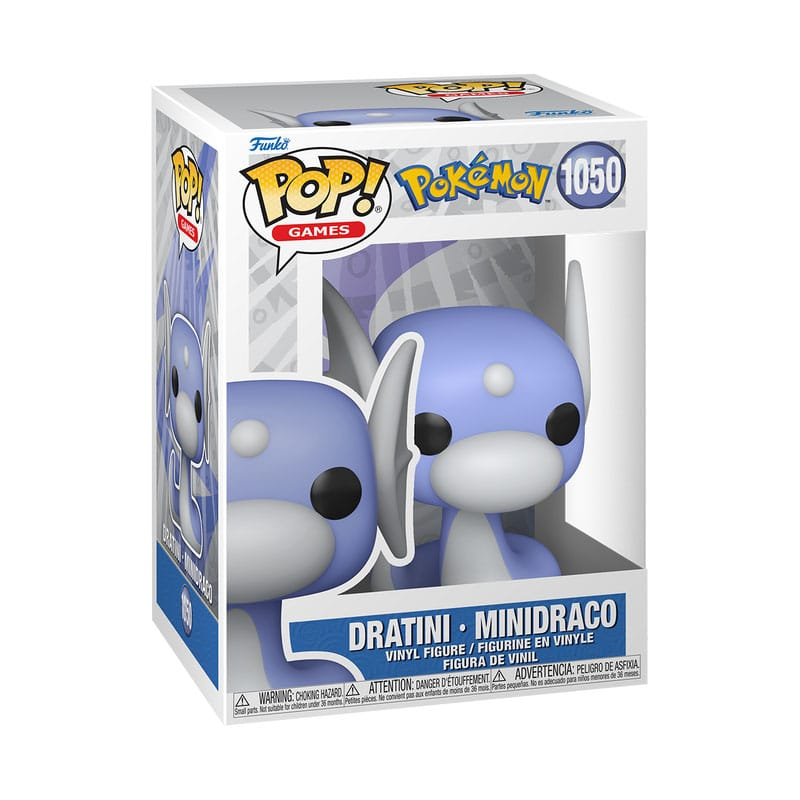 Figura de vinilo Funko Pop de Dratini en una caja blanca y azul con marca Pokémon.