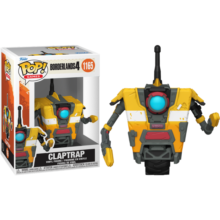 Figura de vinilo Claptrap de Borderlands junto a su caja, con ojo azul y antena.