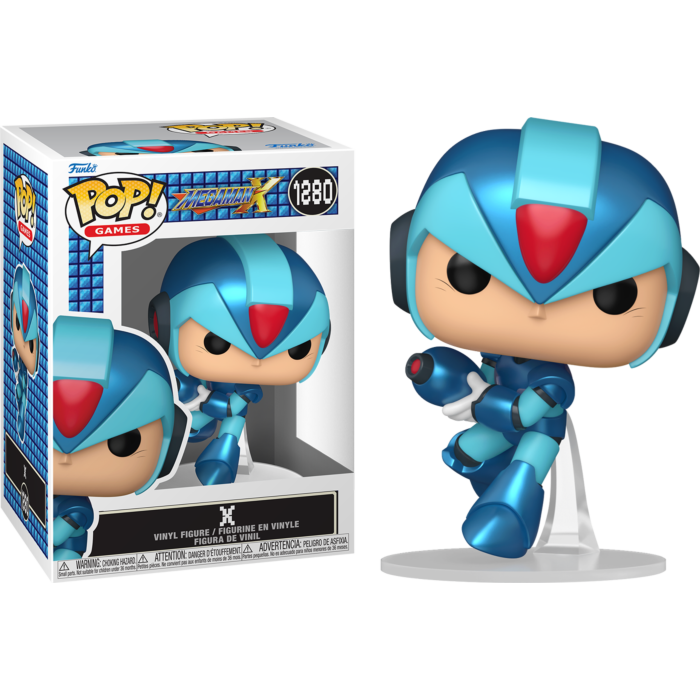 Megaman X Funko Pop Vinyl-Figur in Blau mit Armkanone neben seiner bunten Verpackung auf schwarzem Grund.