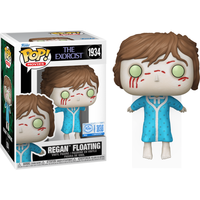 Figura Funko Pop de Regan flotando de El Exorcista y su caja sobre fondo negro.