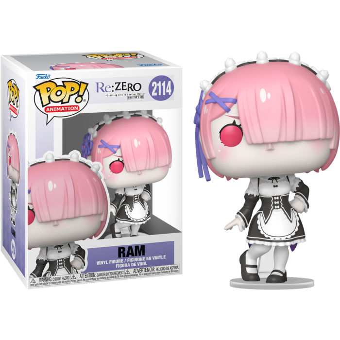 Ram Funko Pop Vinyl-Figur mit rosa Haaren und Dienstmädchen-Outfit, gezeigt mit ihrer Sammelbox.