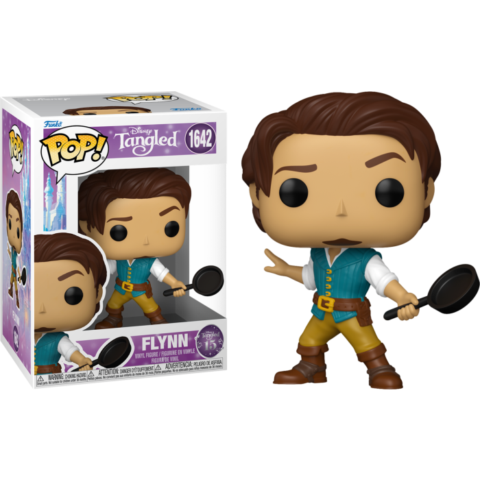 Figura Funko Pop de Flynn Rider con sartén, mostrada dentro y al lado de su caja de embalaje de Disney Tangled.