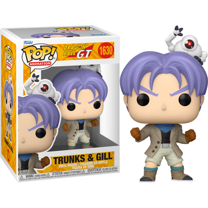 Trunks und Gill Funko Pop Figur mit Verpackung auf schwarzem Hintergrund.