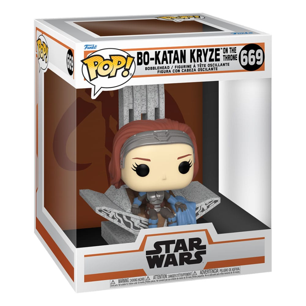 Eine Funko Pop Star Wars Vinylfigur von Bo-Katan Kryze auf einem Steinthron in der nummerierten Verpackung.