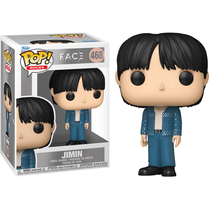 Figura de vinilo Funko Pop Rocks Jimin #468 con traje azul y pelo negro, junto a su caja.