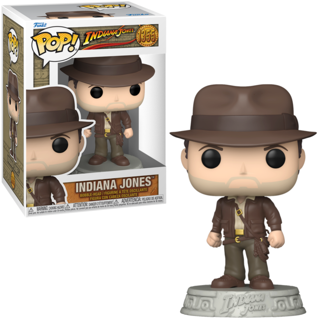 Indiana Jones Funko Pop Figur mit Hut und brauner Jacke neben ihrer Verpackung.