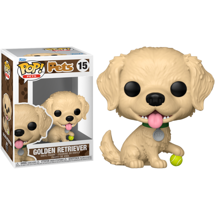 Figura de vinilo Funko Pop de Golden Retriever con collar verde y pelota junto a su caja.