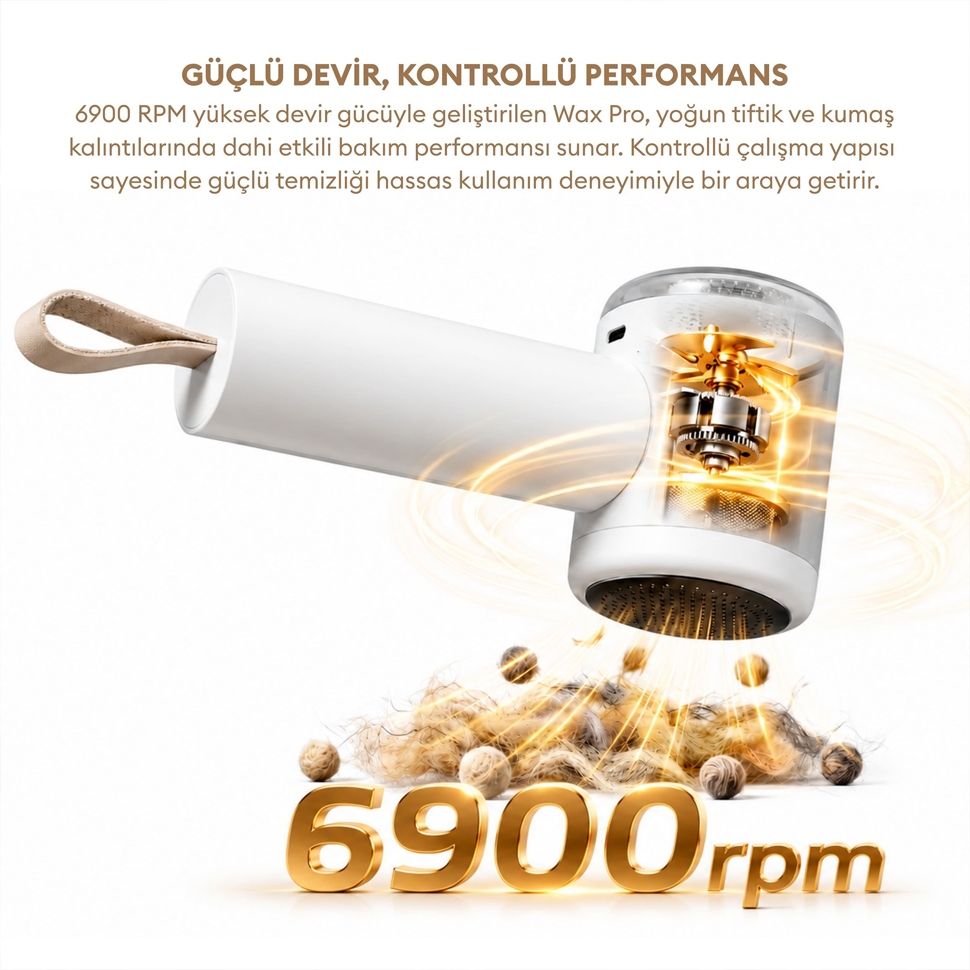 Altın rengi 6900rpm yazısı üzerinde tüy ve iplikleri temizleyen ışıklı motorlu beyaz tüy toplama makinesi.