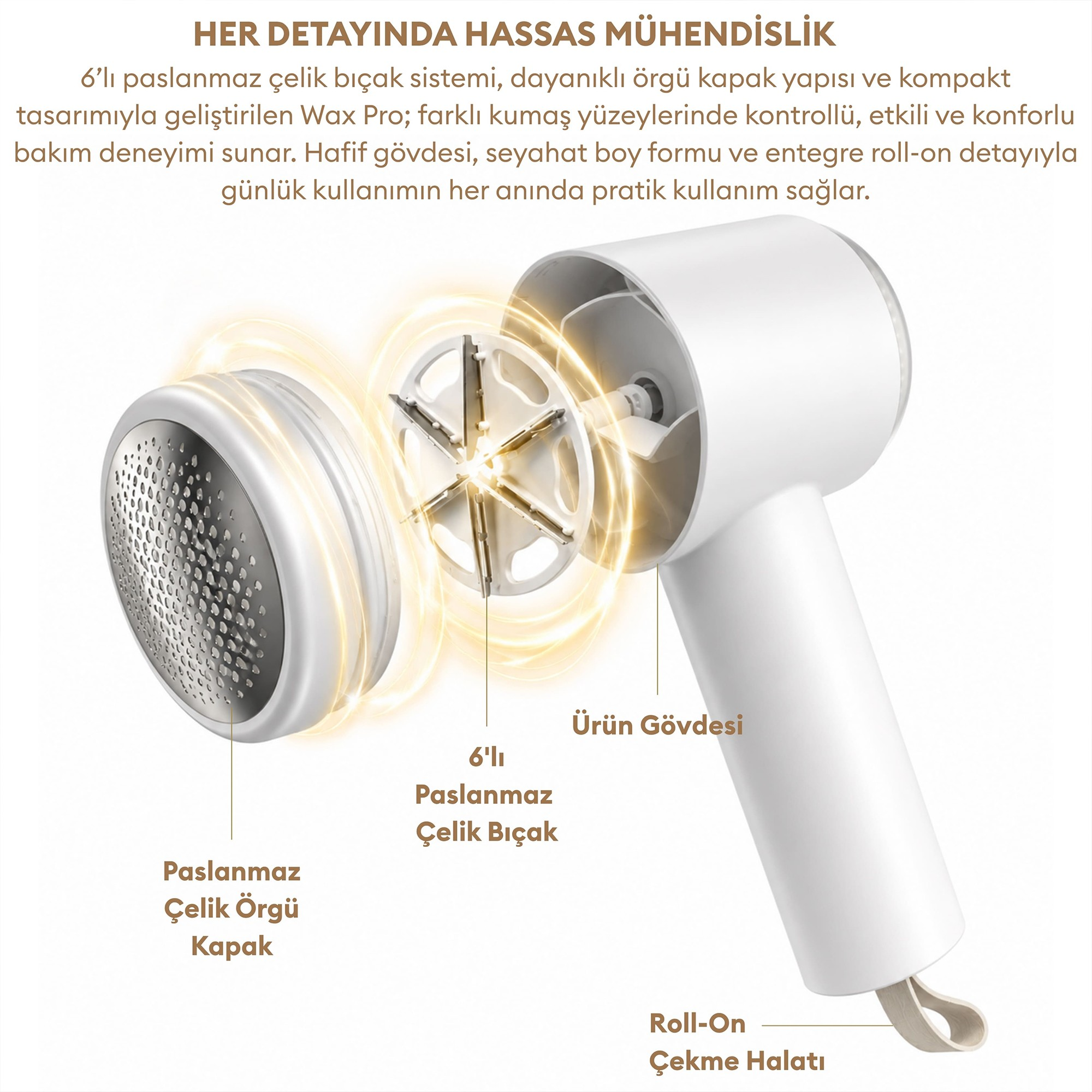 Parçaları Türkçe etiketlenmiş, bıçağı ve başlığı sökülmüş beyaz tüy toplama makinesi.
