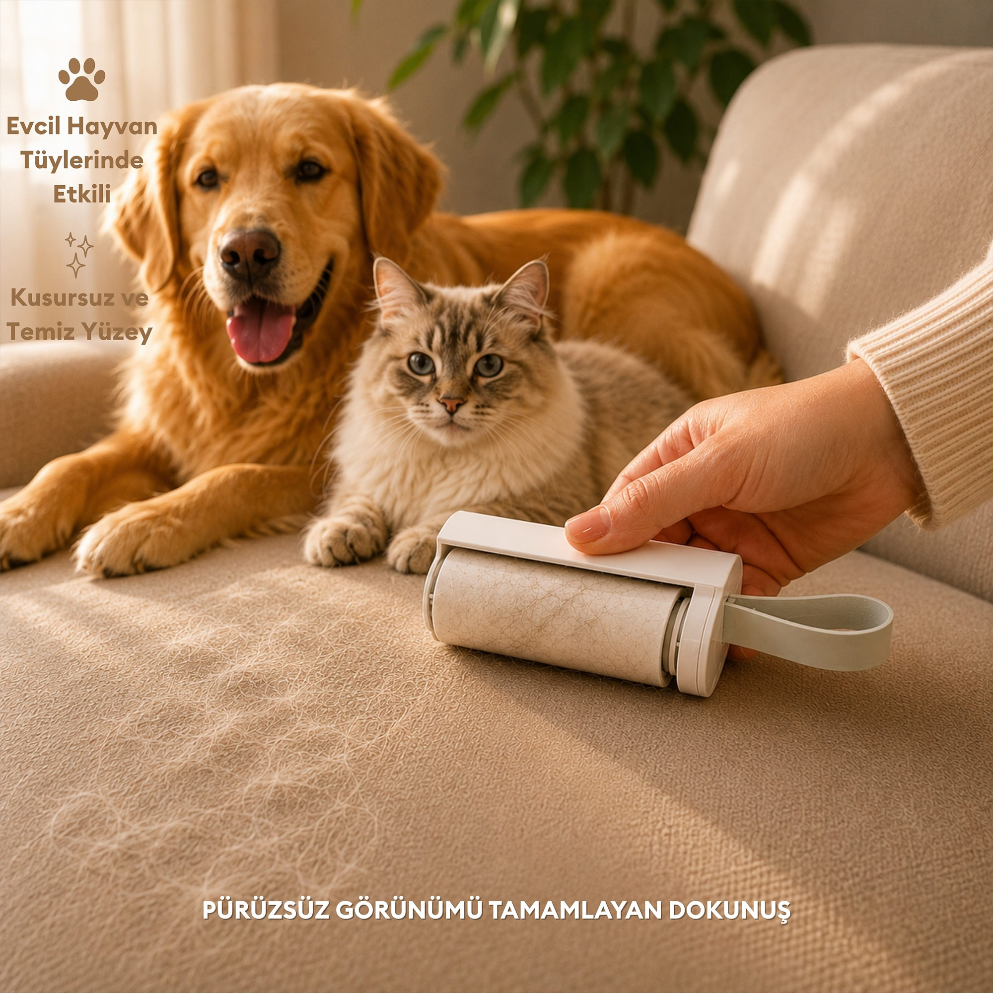 Bir el, köpek ve kedinin oturduğu kanepede tüy toplayıcı rulo kullanıyor.