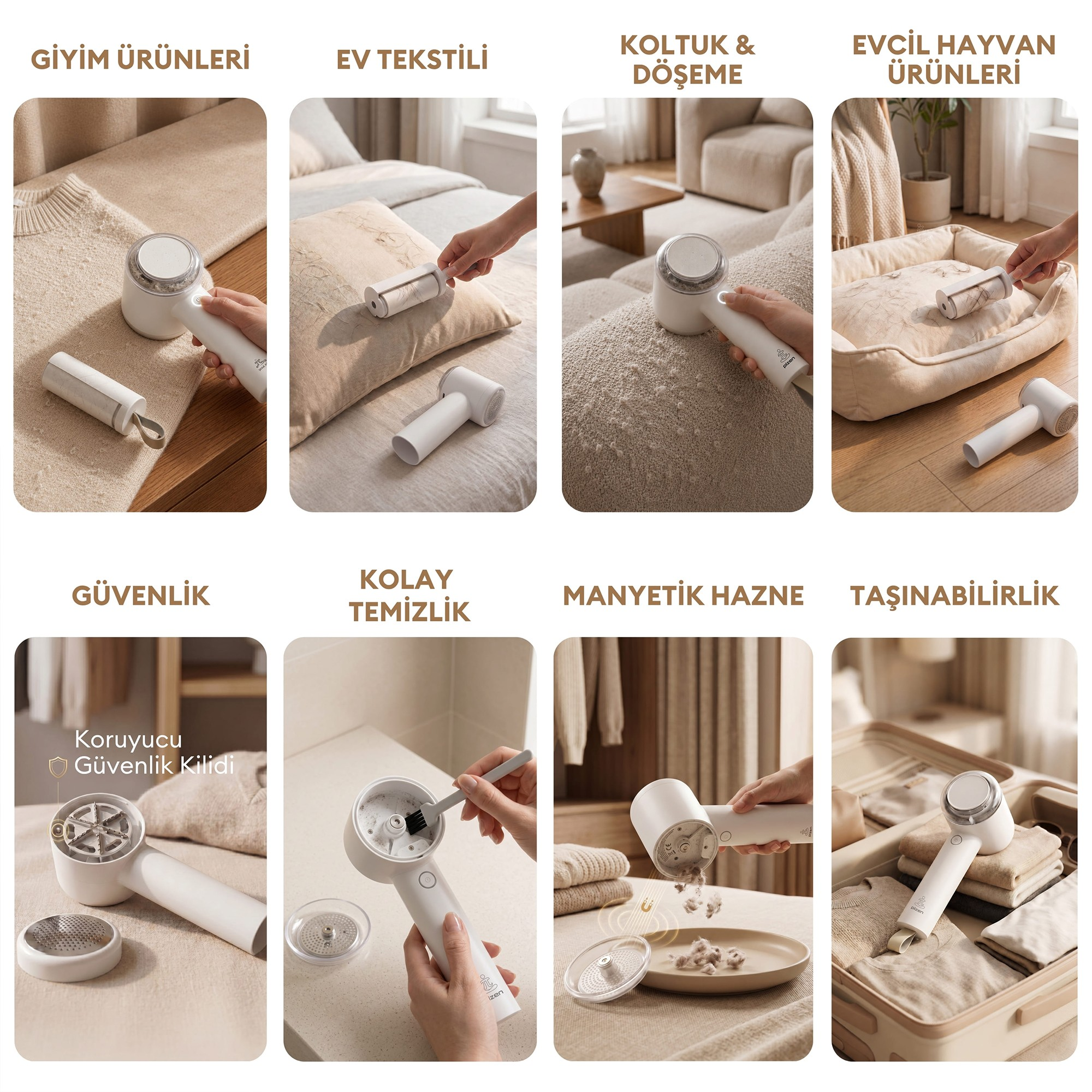 Beyaz elektrikli tüy toplama makinesi kıyafet ve ev tekstili ürünlerinde kullanılıyor.