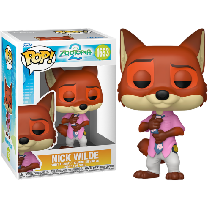 Figura Funko Pop de Nick Wilde ajustándose la corbata, con su caja de embalaje.