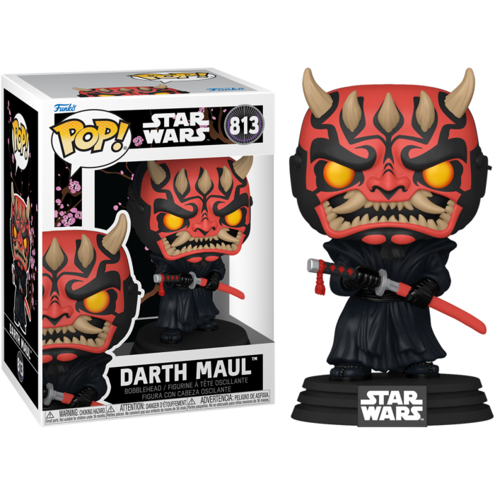 Figura Funko Pop de Darth Maul de Star Wars con caja, diseño samurái rojo y ojos amarillos brillantes.