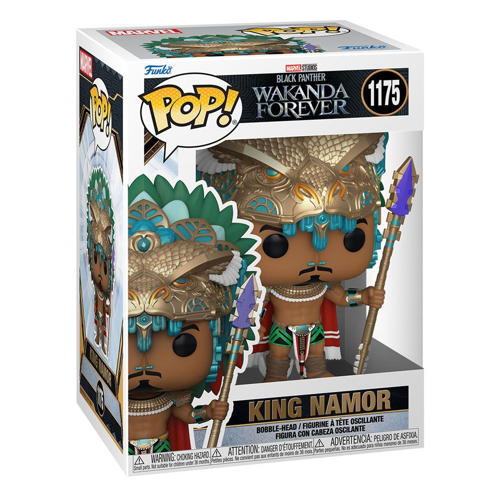 Figura Funko Pop de King Namor de Wakanda Forever en su caja, sosteniendo una lanza y un tocado elaborado.