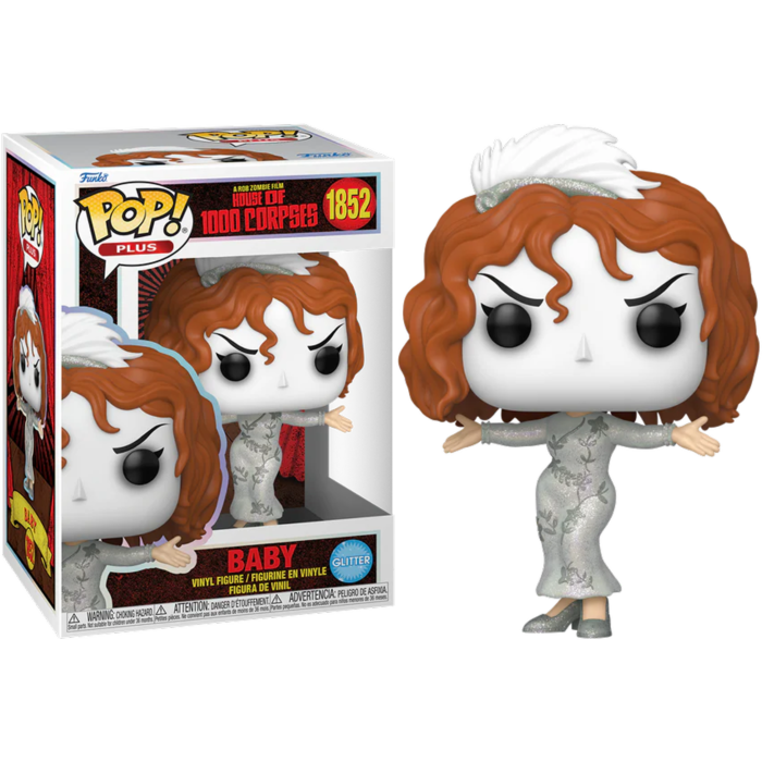 Figura Funko Pop de Baby de House of 1000 Corpses con vestido plateado brillante junto a su caja.