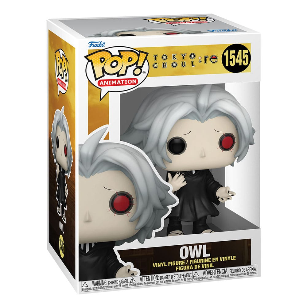 Figura de vinilo Funko Pop de Owl de Tokyo Ghoul:re en caja con cabello blanco y un ojo rojo.