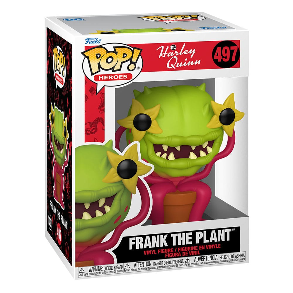 Eine Funko Pop-Schachtel mit Frank the Plant, einer grünen Pflanze mit spitzen Zähnen und gelben Blumen.