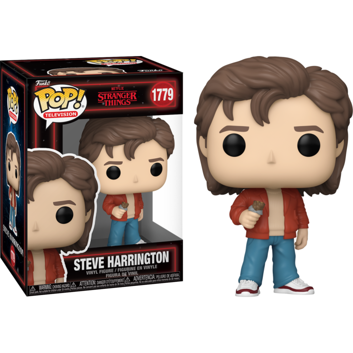 Steve Harrington Funko Pop Figur mit Verpackung, in roter Jacke und blauen Jeans.