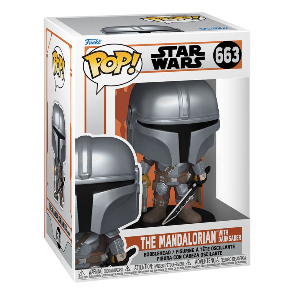Figura Funko Pop 663 de Star Wars The Mandalorian con Darksaber en caja.