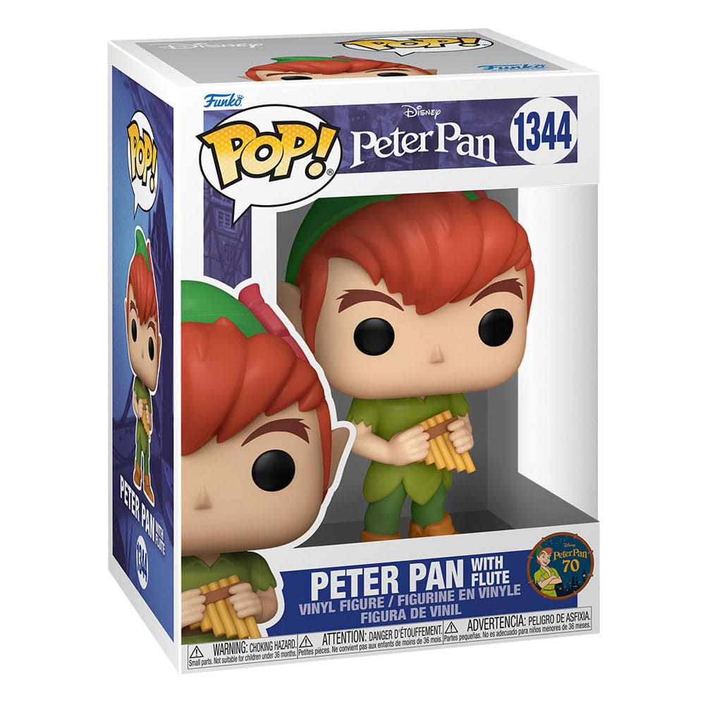 Eine Funko-Pop-Box mit einer Peter-Pan-Vinylfigur, die eine Flöte hält.