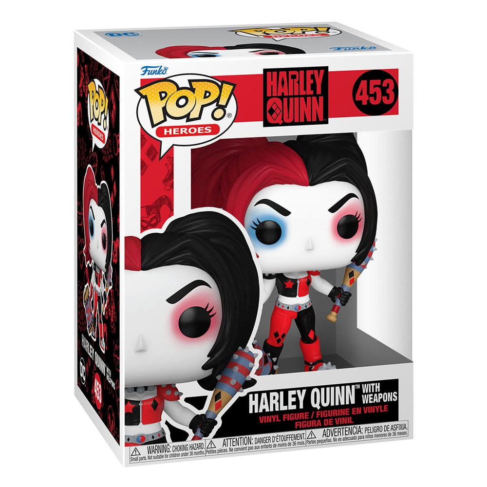 Figurine en vinyle Funko Pop Harley Quinn en boîte, numéro 453, avec une arme.